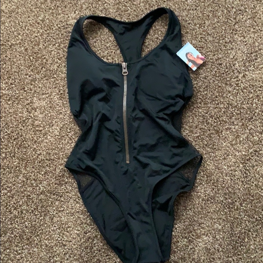 Black one piece swimsuit with mesh cut out